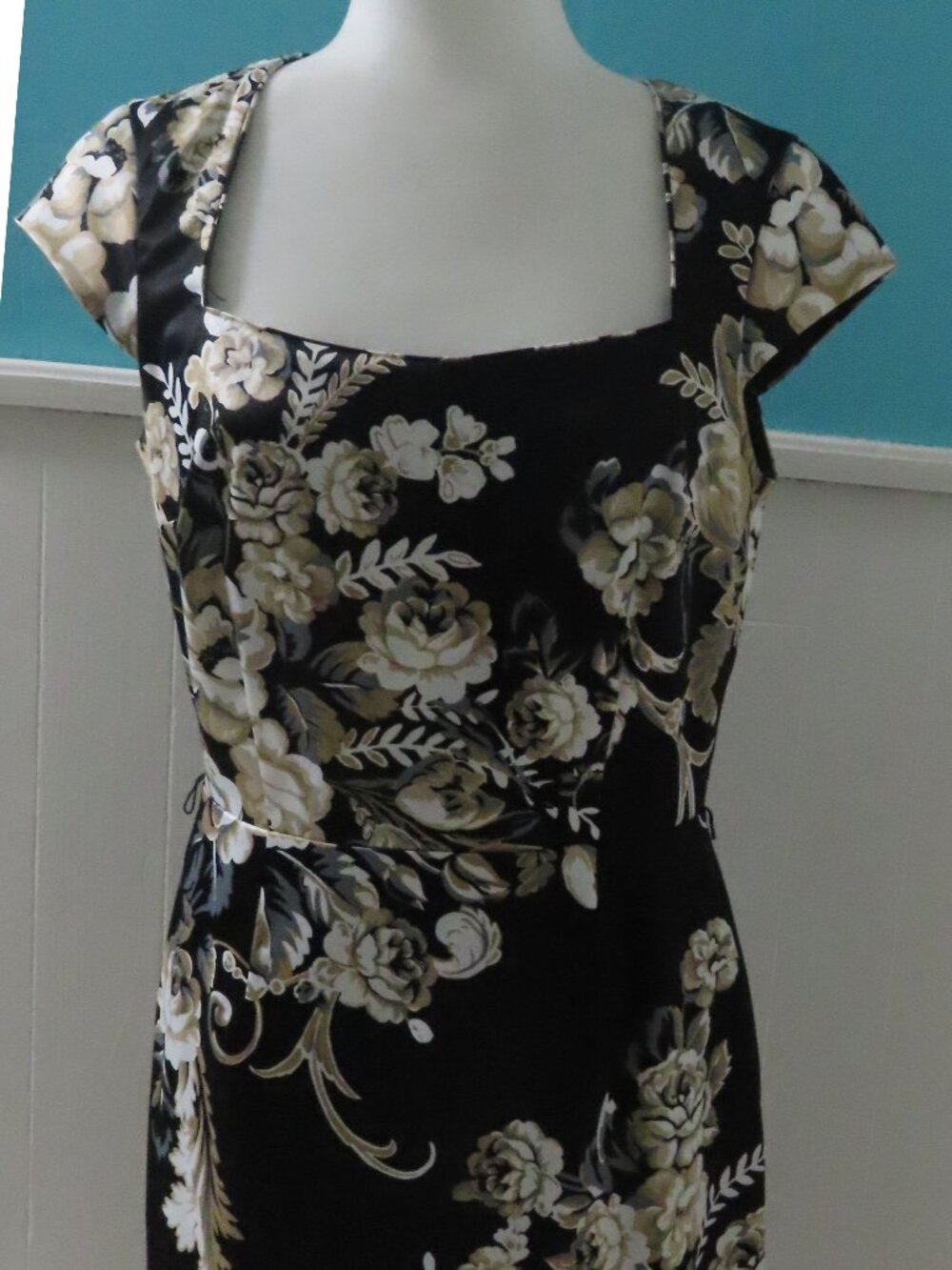 White House Black Market Black Floral Dress with Cream Flowers, Size 8